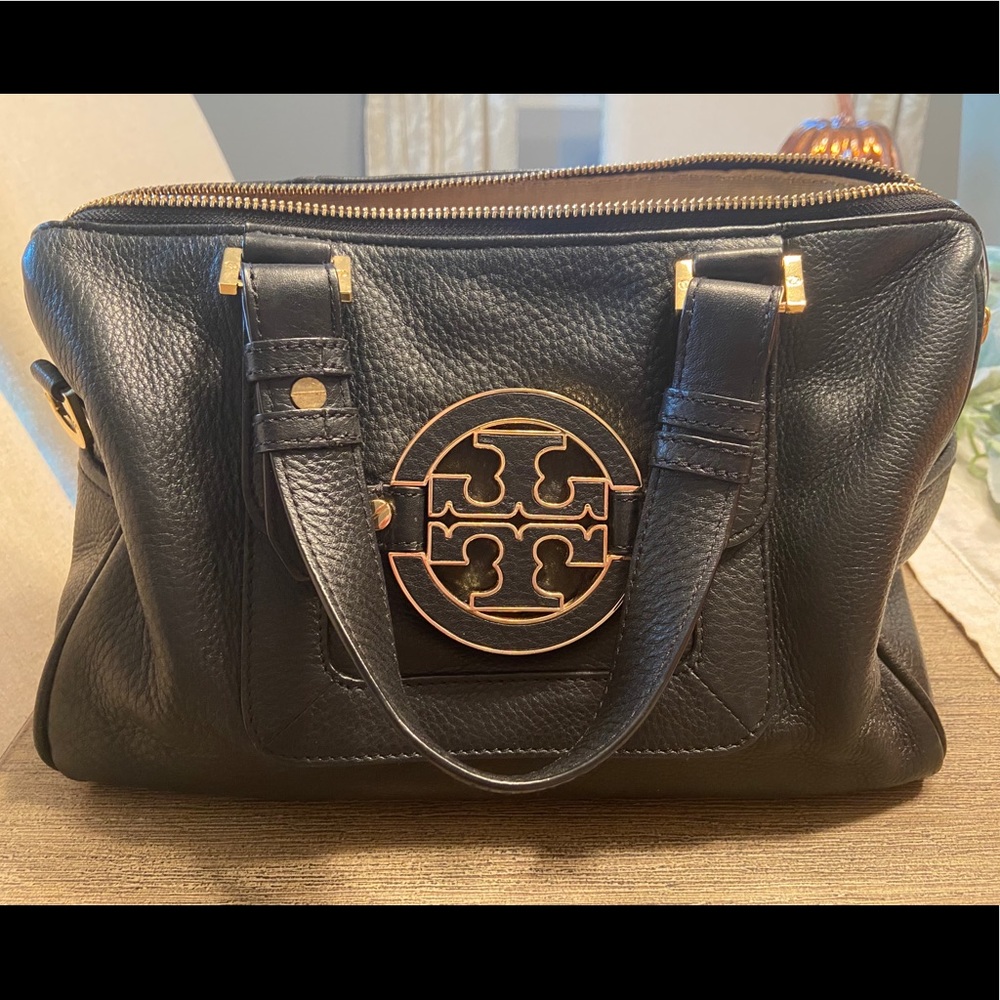 Tory Burch Gold Medallion Black Leather Satchel